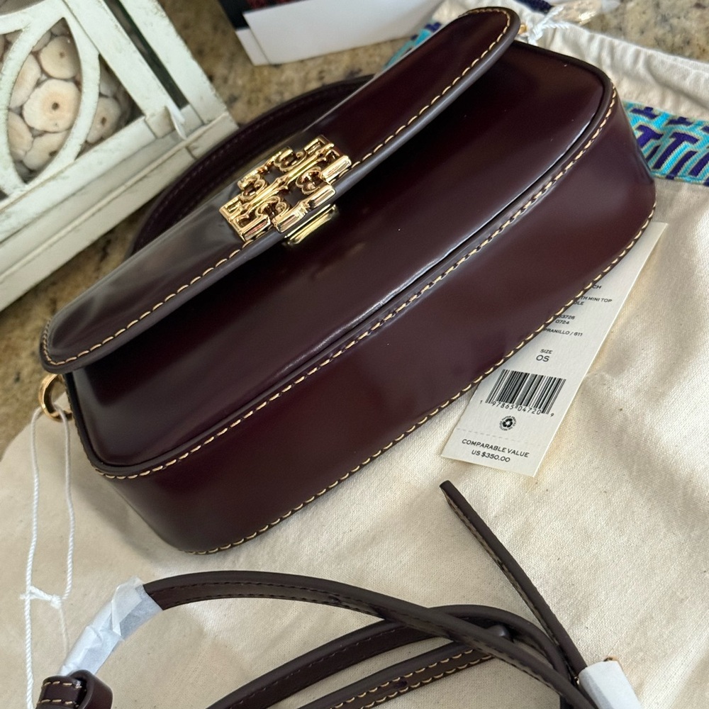 Tory Burch Britten Smooth Mini Top Handle In Tempranillo 153726 NWT - Picture 3 of 7